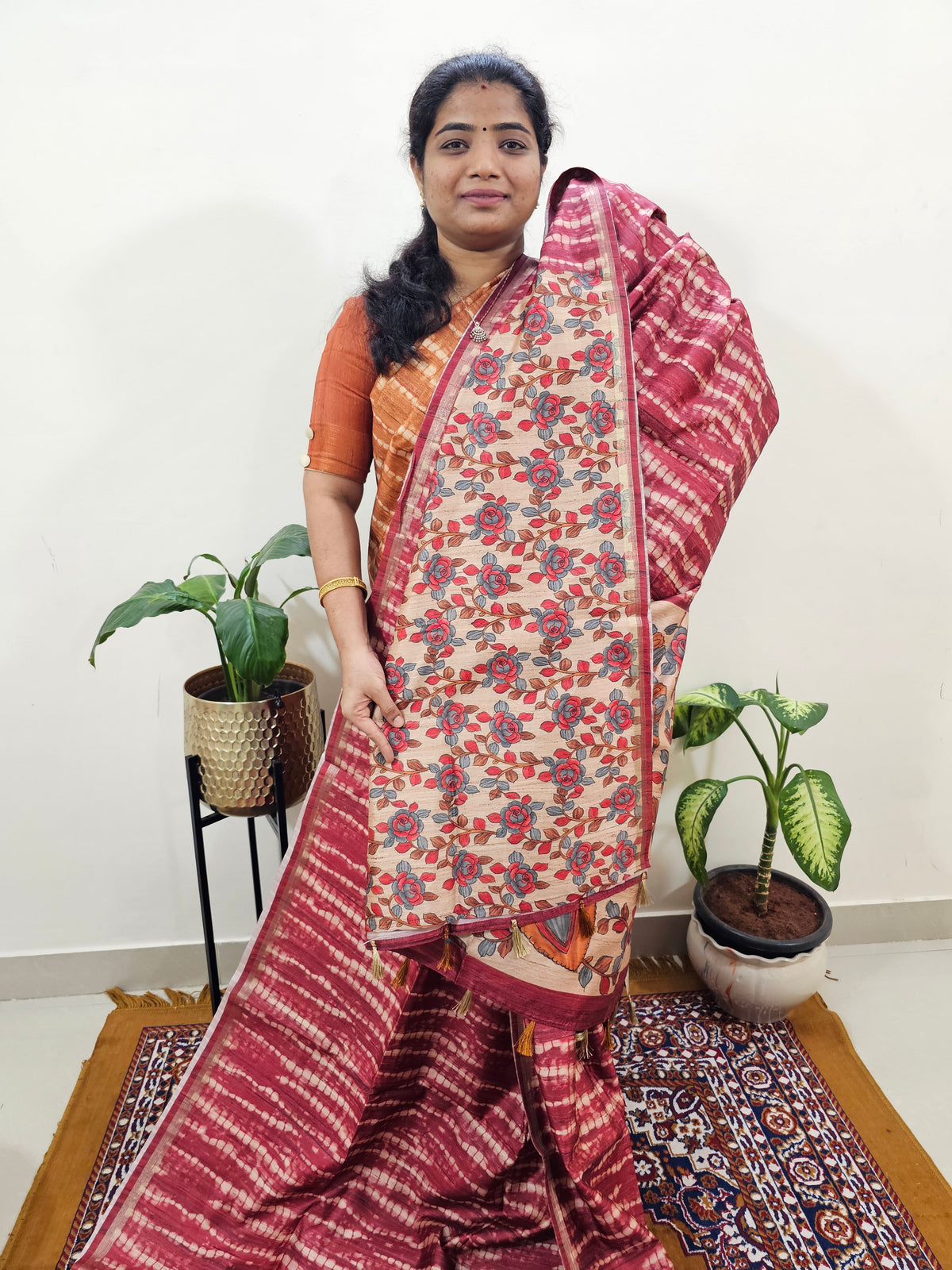 Semi Matka Tussar with Kalamkari - Maroon