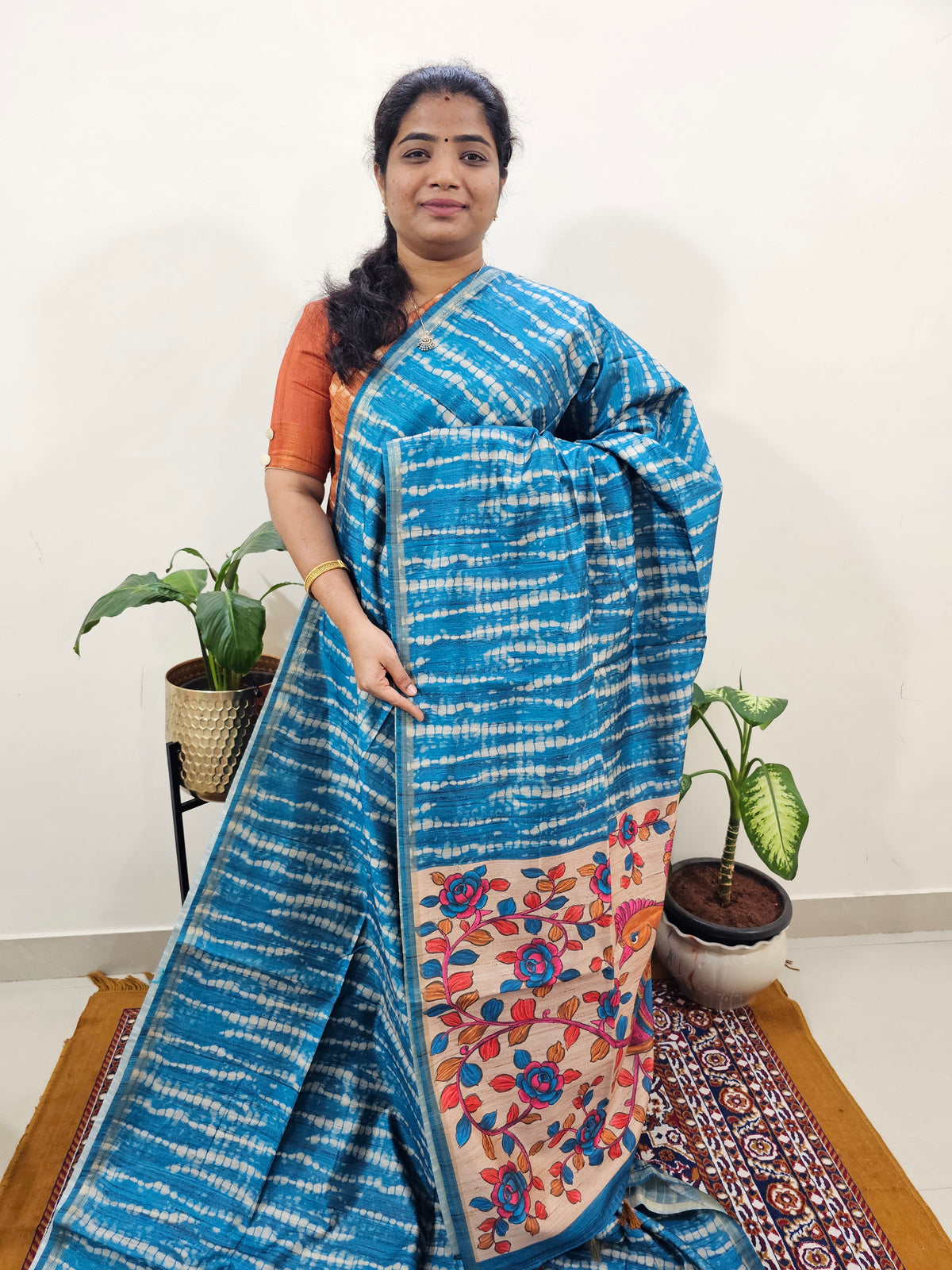 Semi Matka Tussar with Kalamkari - Blue