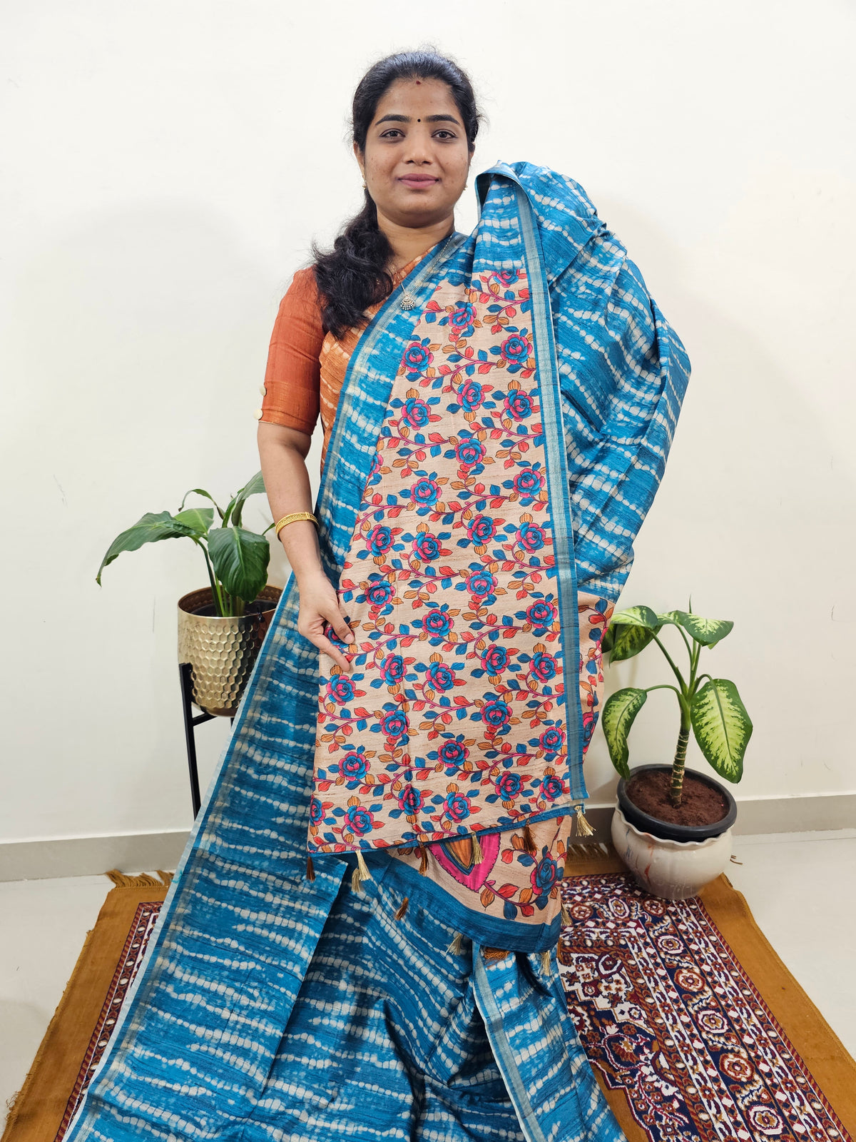 Semi Matka Tussar with Kalamkari - Blue