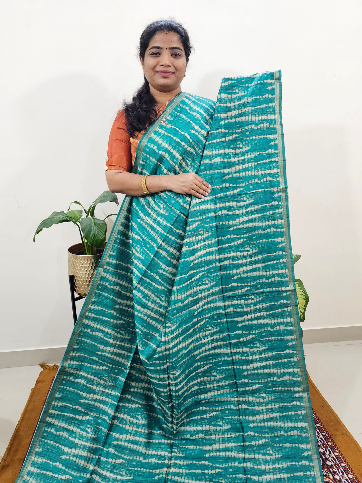 Semi Matka Tussar with Kalamkari   -Peacock Green