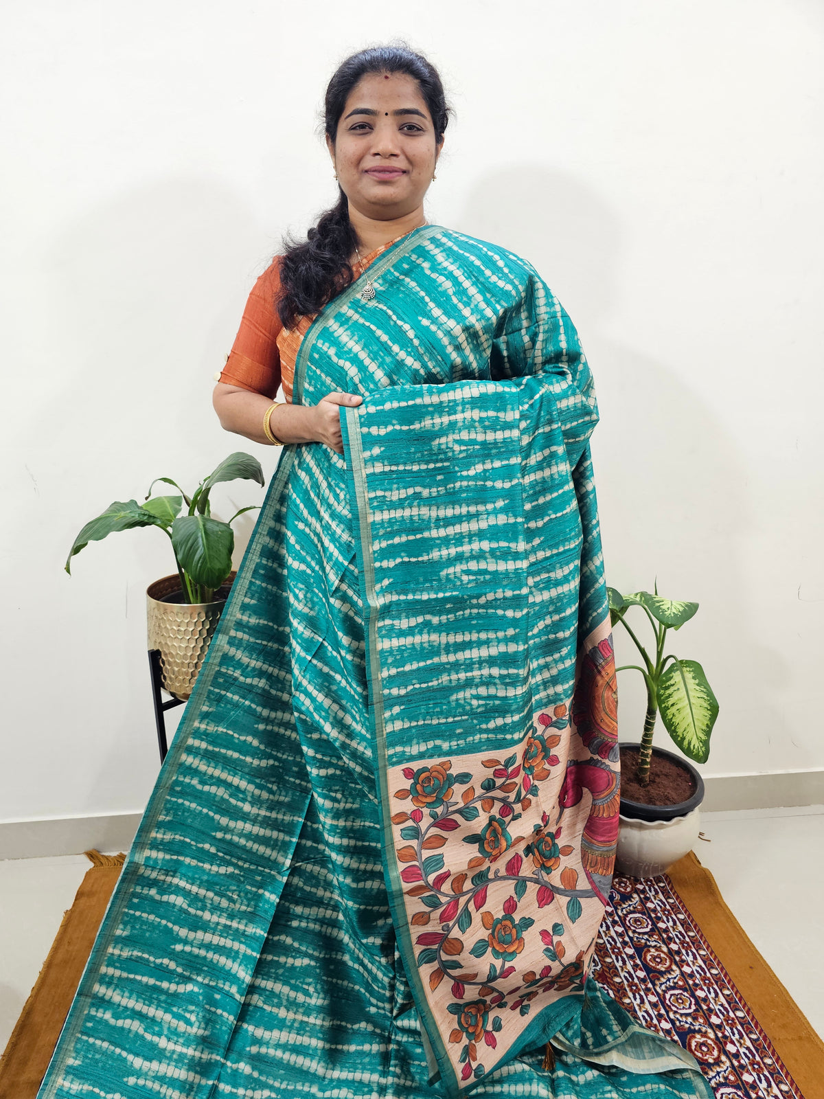 Semi Matka Tussar with Kalamkari   -Peacock Green