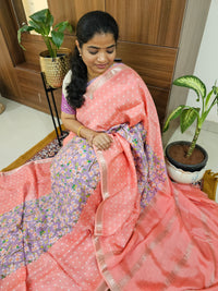 Handwoven Mangalagiri Pattu Saree with Digital Prints  - Peach with Lavender