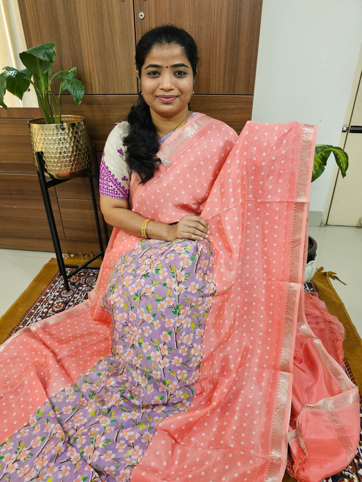 Handwoven Mangalagiri Pattu Saree with Digital Prints  - Peach with Lavender