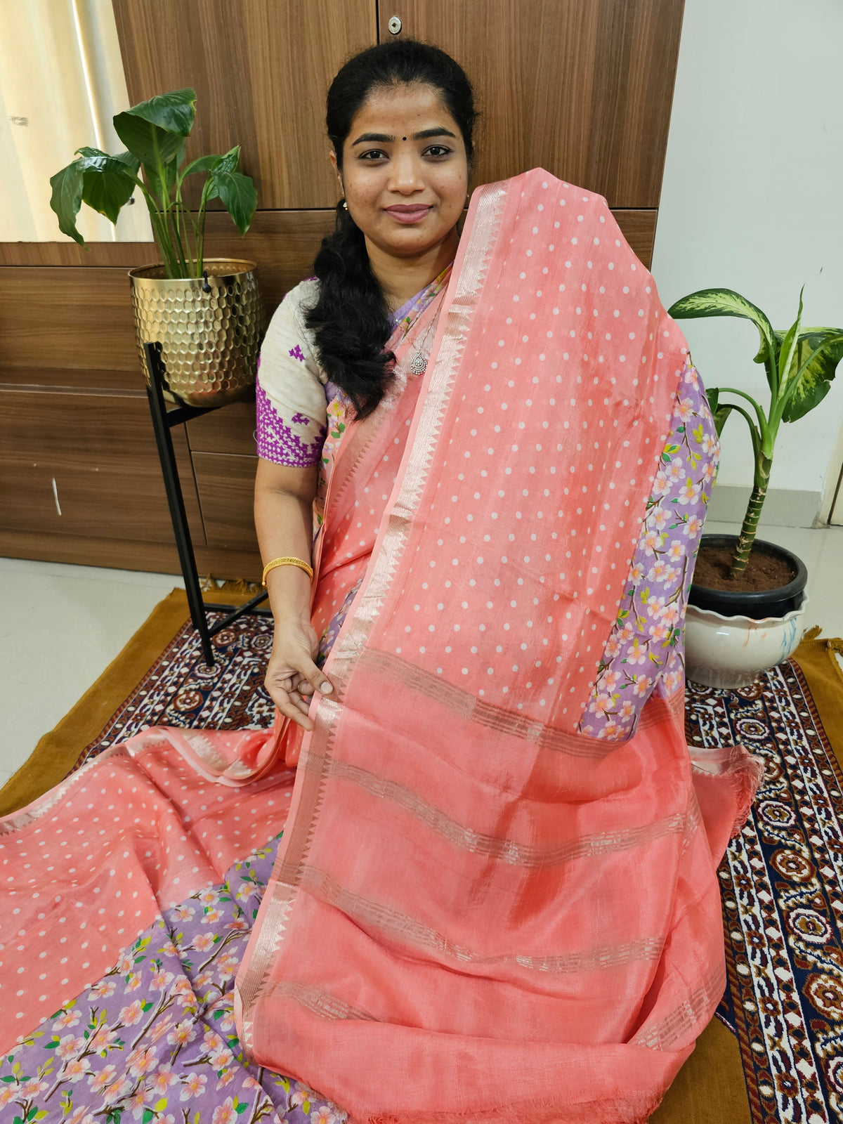 Handwoven Mangalagiri Pattu Saree with Digital Prints  - Peach with Lavender