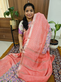 Handwoven Mangalagiri Pattu Saree with Digital Prints  - Peach with Lavender