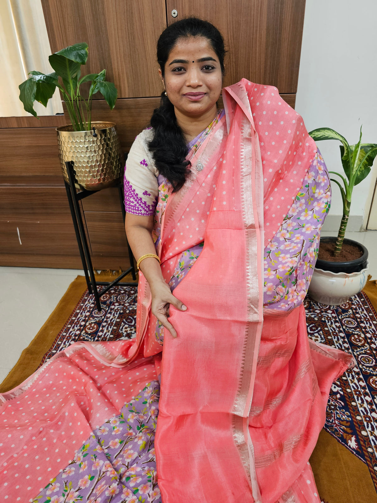 Handwoven Mangalagiri Pattu Saree with Digital Prints  - Peach with Lavender