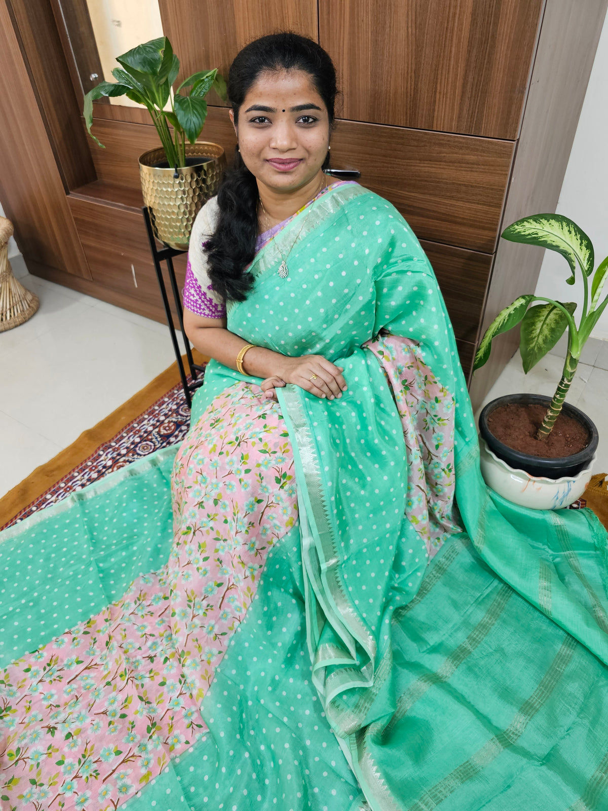 Handwoven Mangalagiri Pattu Saree with Digital Prints  - Sea Green with Pink