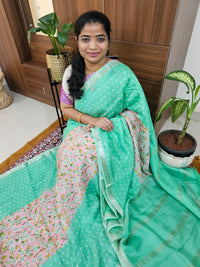 Handwoven Mangalagiri Pattu Saree with Digital Prints  - Sea Green with Pink