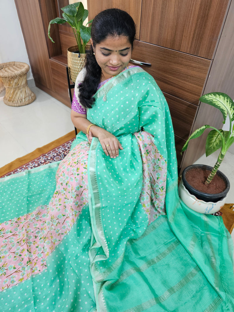 Handwoven Mangalagiri Pattu Saree with Digital Prints  - Sea Green with Pink