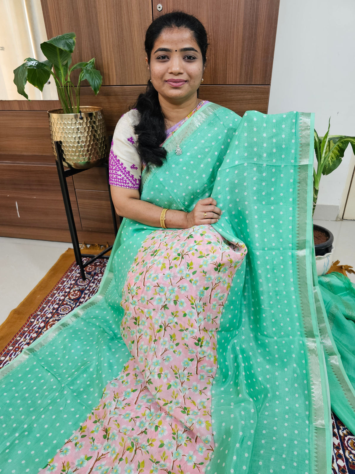 Handwoven Mangalagiri Pattu Saree with Digital Prints  - Sea Green with Pink