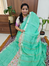 Handwoven Mangalagiri Pattu Saree with Digital Prints  - Sea Green with Pink