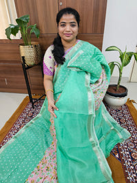 Handwoven Mangalagiri Pattu Saree with Digital Prints  - Sea Green with Pink