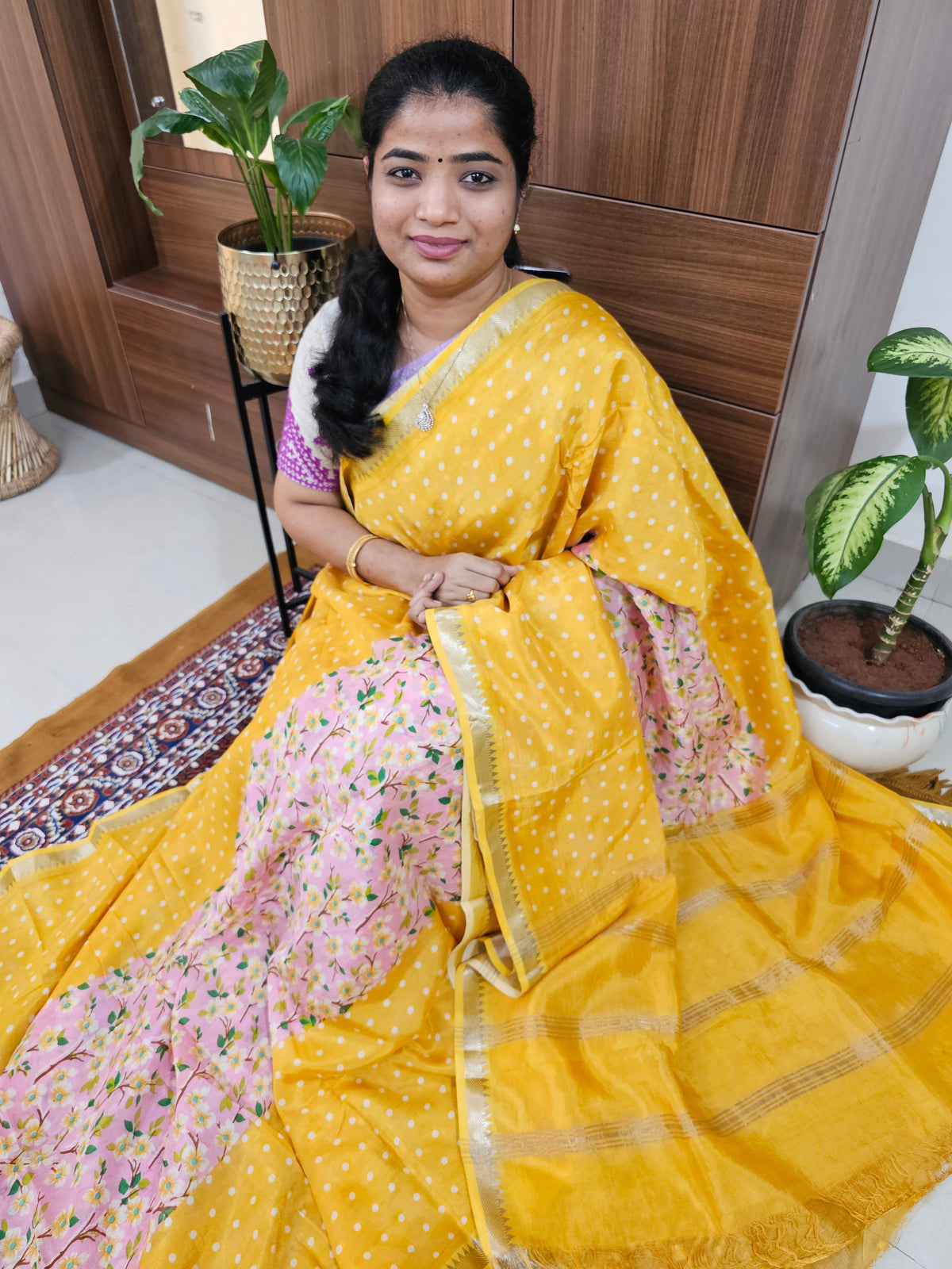 Handwoven Mangalagiri Pattu Saree with Digital Prints  - Yellow with Pink