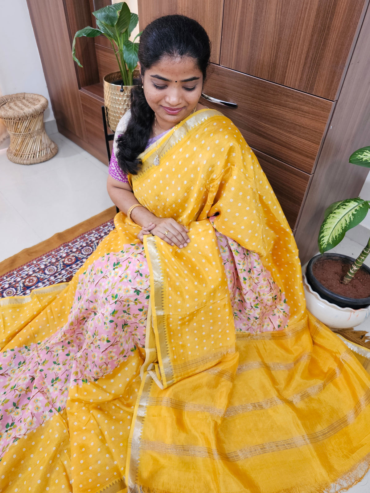 Handwoven Mangalagiri Pattu Saree with Digital Prints  - Yellow with Pink