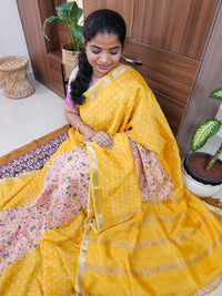 Handwoven Mangalagiri Pattu Saree with Digital Prints  - Yellow with Pink