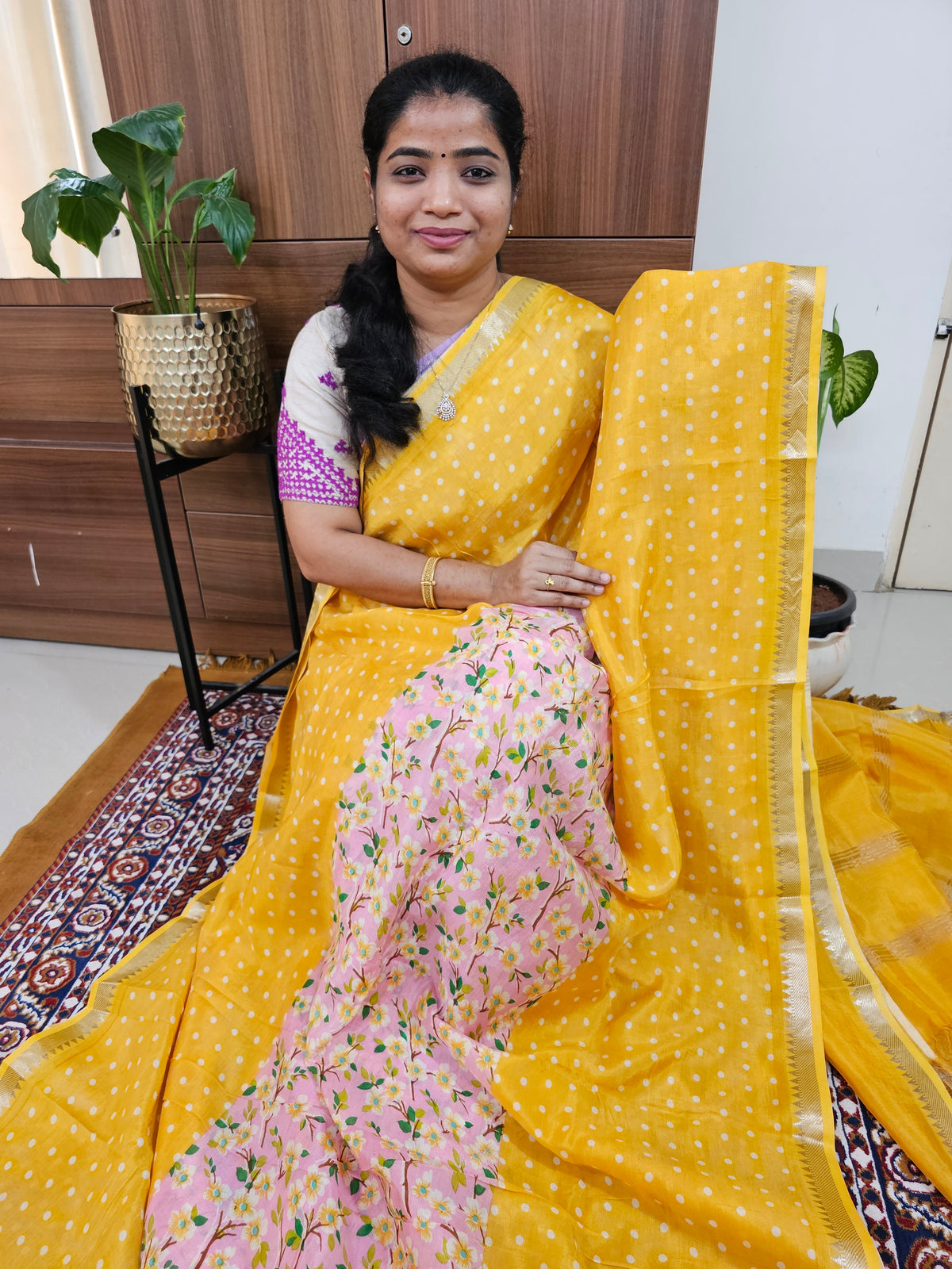 Handwoven Mangalagiri Pattu Saree with Digital Prints  - Yellow with Pink