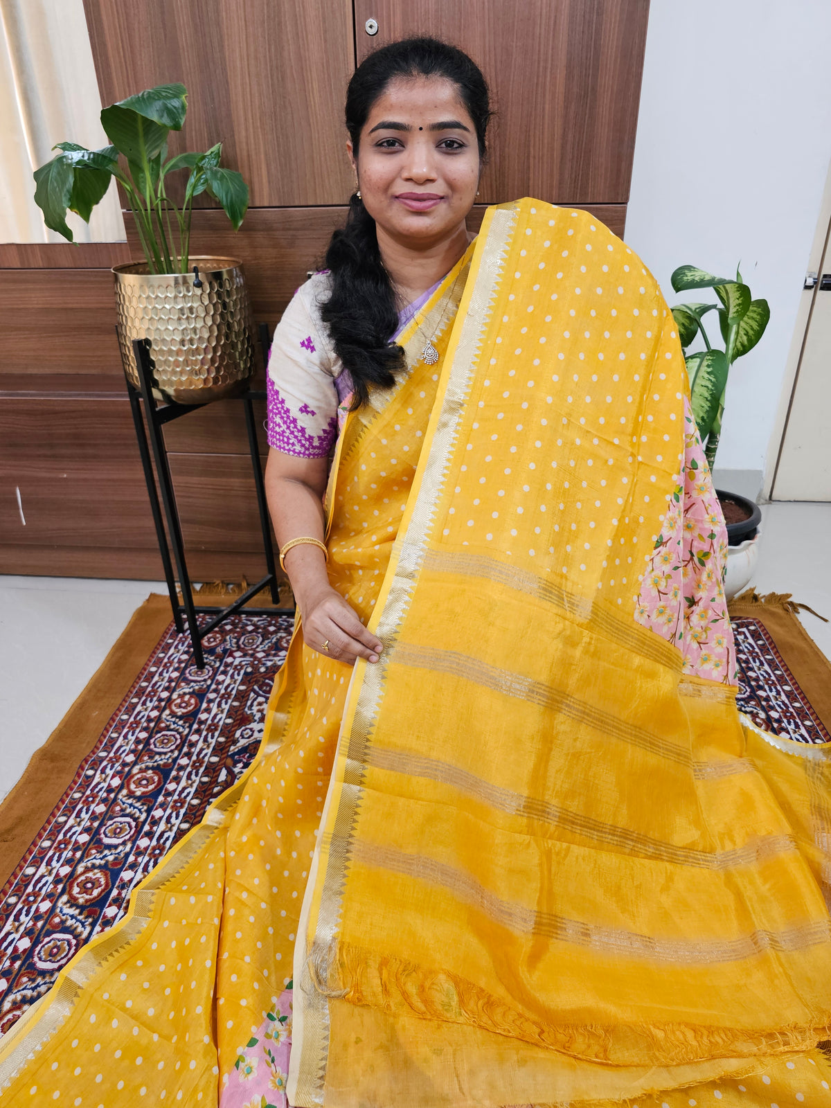 Handwoven Mangalagiri Pattu Saree with Digital Prints  - Yellow with Pink