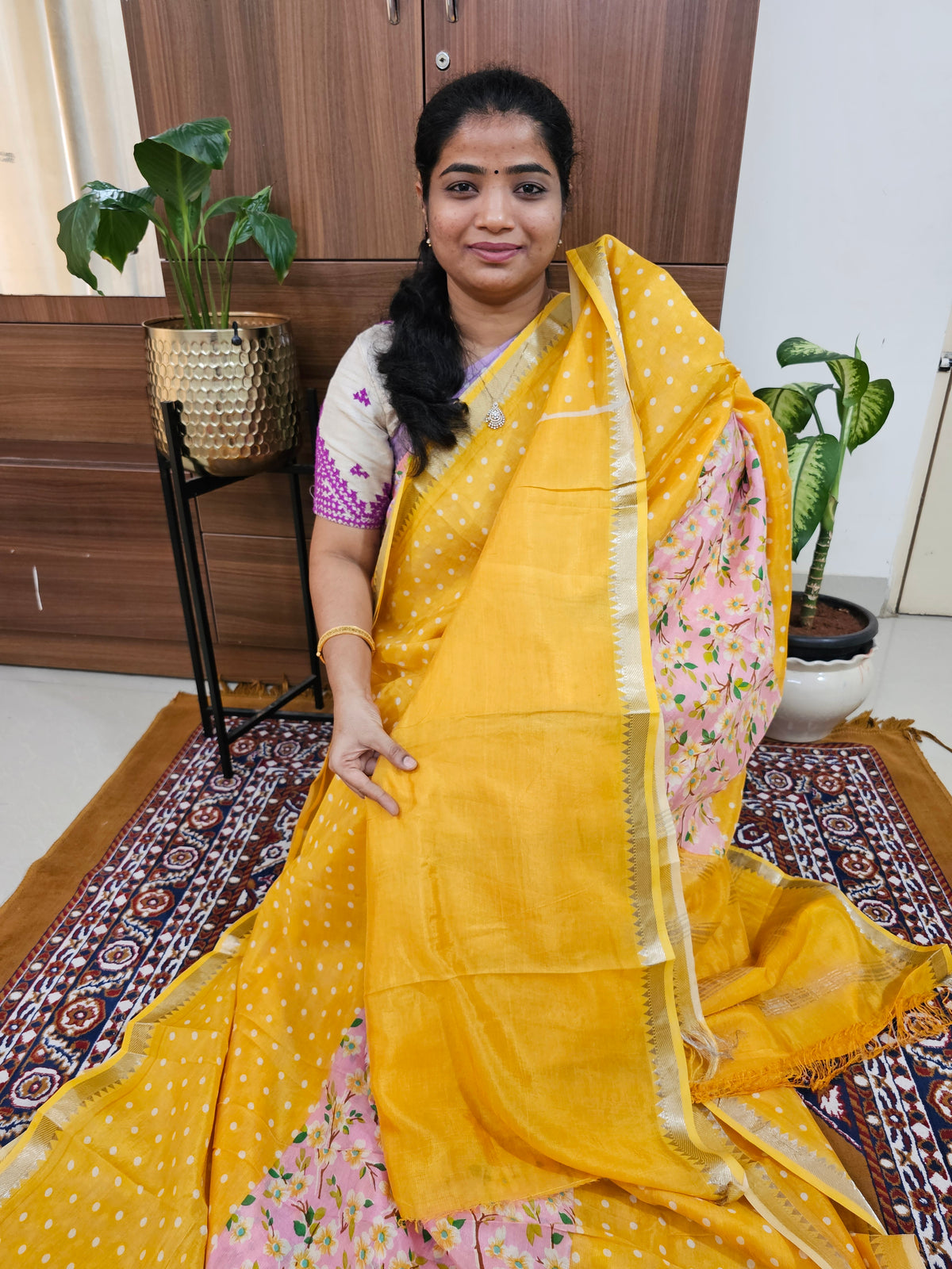 Handwoven Mangalagiri Pattu Saree with Digital Prints  - Yellow with Pink