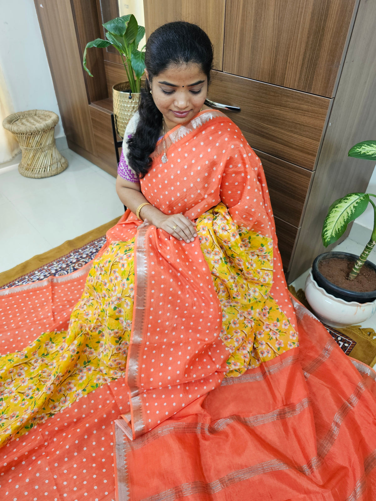 Handwoven Mangalagiri Pattu Saree with Digital Prints  -  Orange with Yellow
