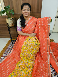 Handwoven Mangalagiri Pattu Saree with Digital Prints  -  Orange with Yellow