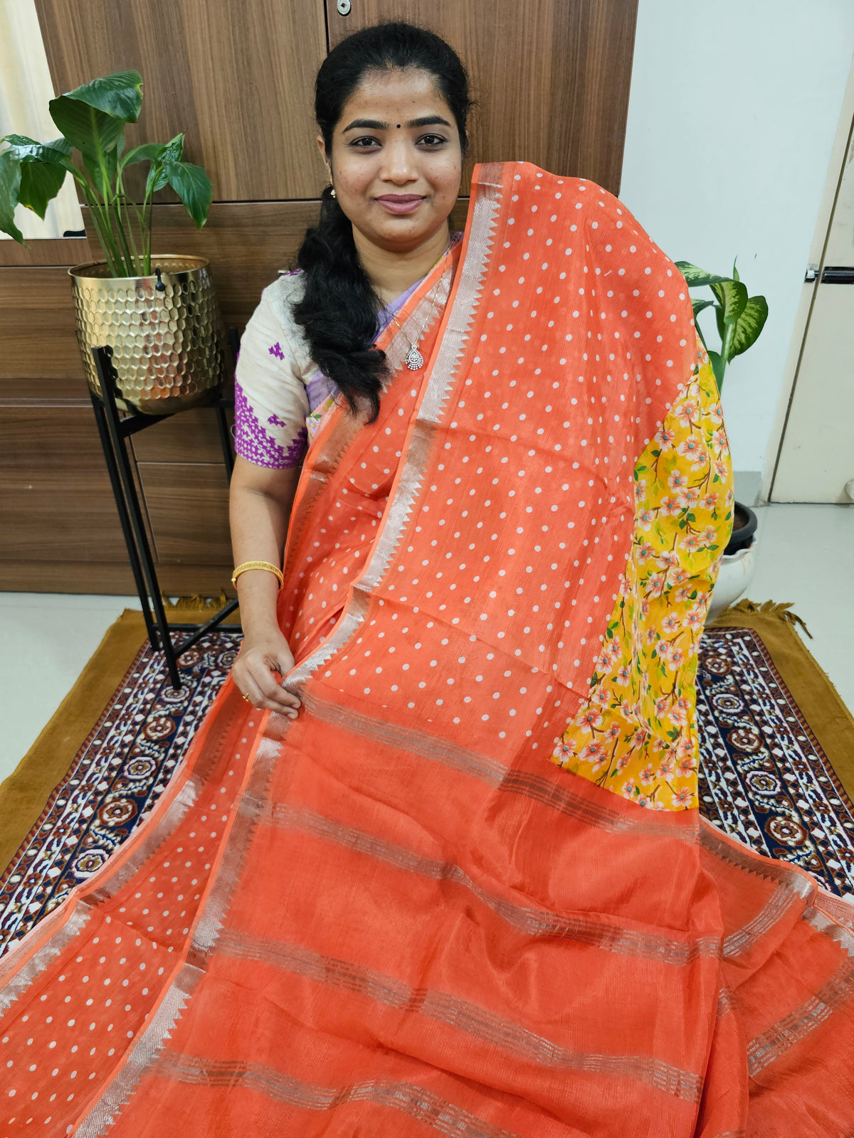 Handwoven Mangalagiri Pattu Saree with Digital Prints  -  Orange with Yellow