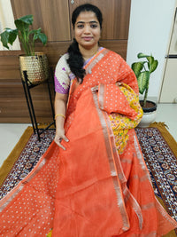 Handwoven Mangalagiri Pattu Saree with Digital Prints  -  Orange with Yellow