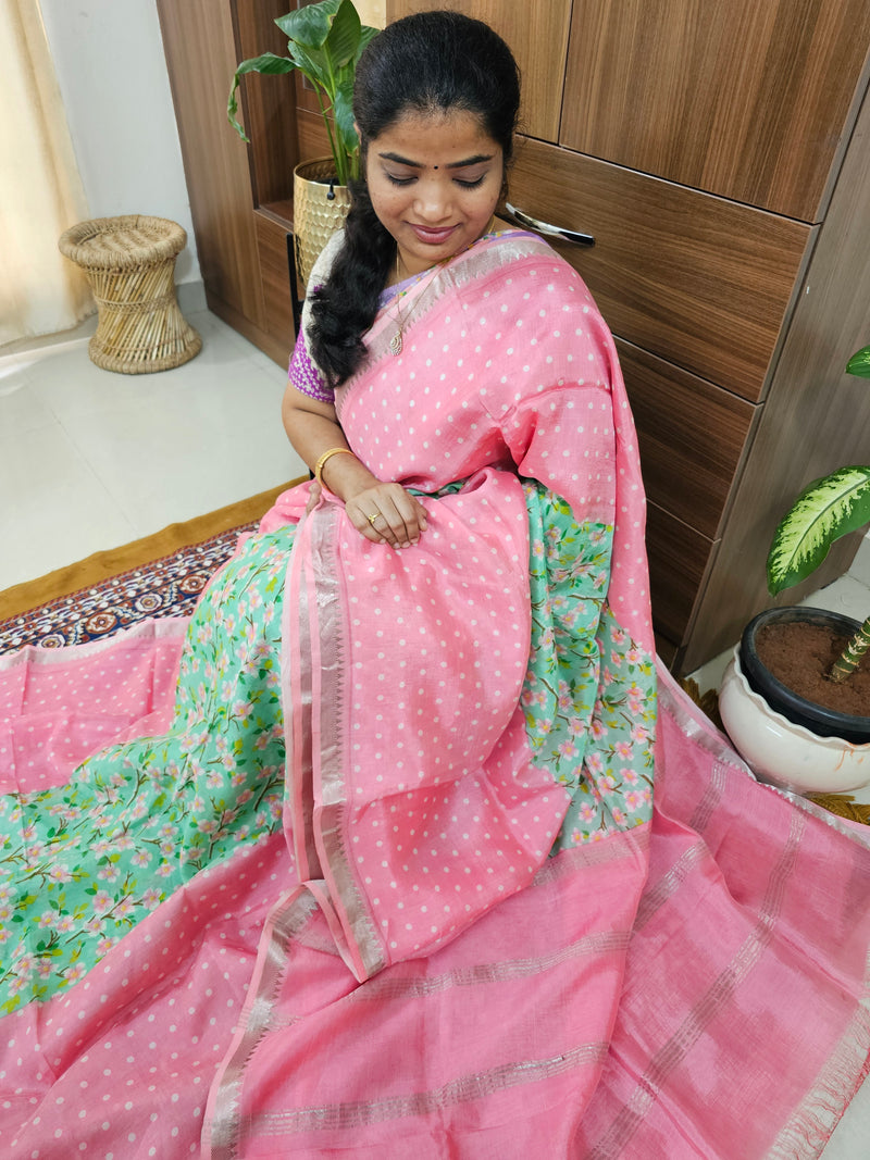 Handwoven Mangalagiri Pattu Saree with Digital Prints  - Pink with Green