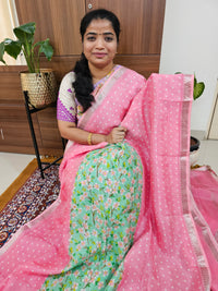 Handwoven Mangalagiri Pattu Saree with Digital Prints  - Pink with Green
