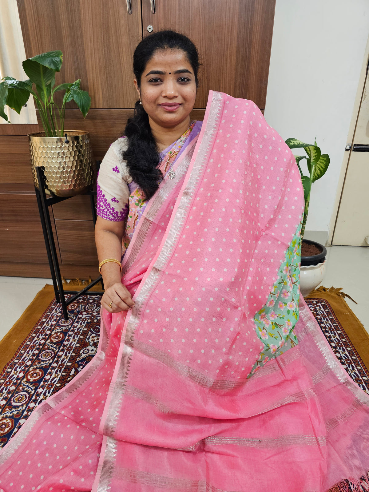 Handwoven Mangalagiri Pattu Saree with Digital Prints  - Pink with Green