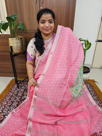 Handwoven Mangalagiri Pattu Saree with Digital Prints  - Pink with Green