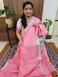 Handwoven Mangalagiri Pattu Saree with Digital Prints  - Pink with Green