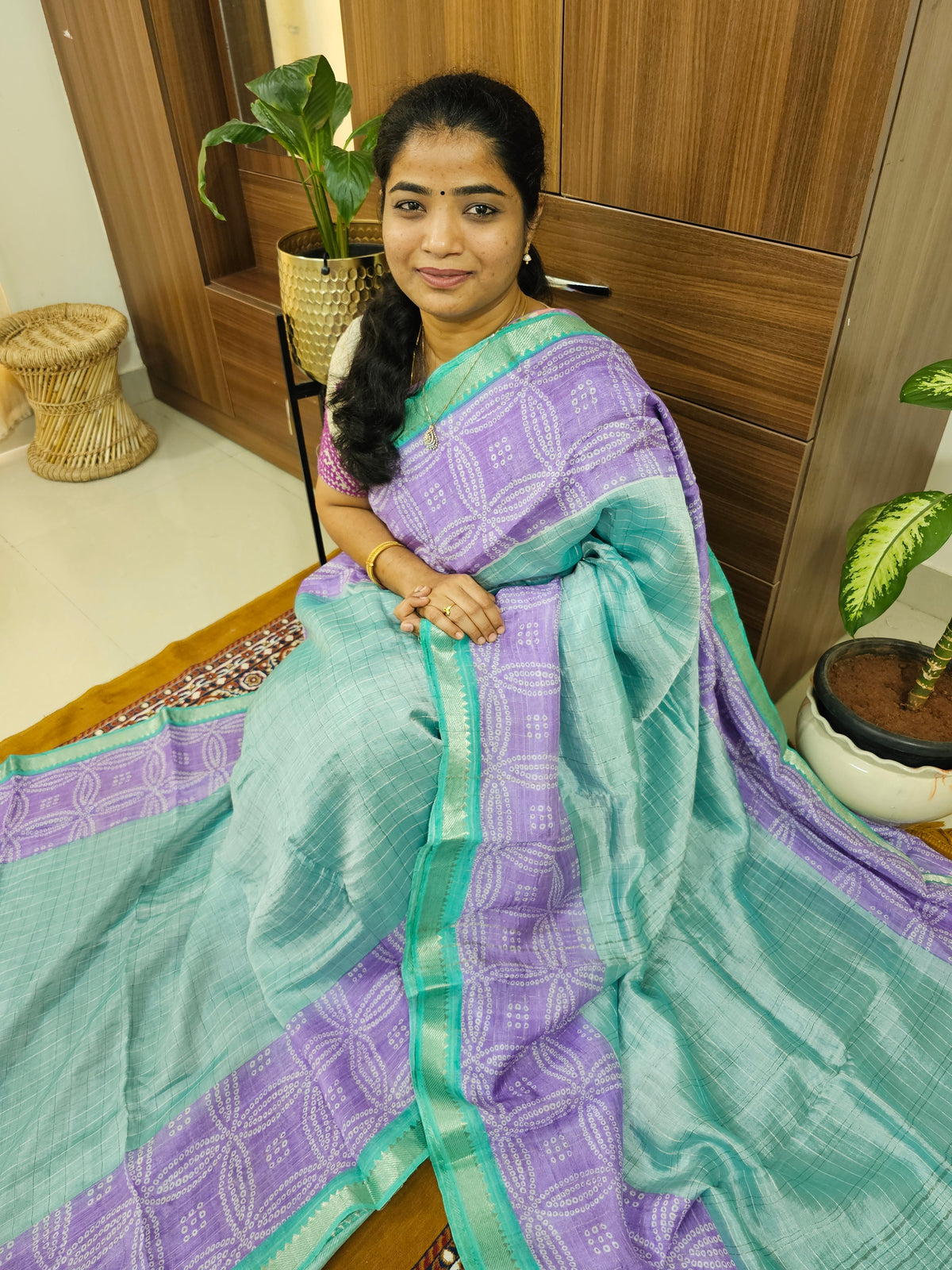 Handwoven Mangalagiri Pattu Saree with Bandhini Digital Prints  - Blue with Purple