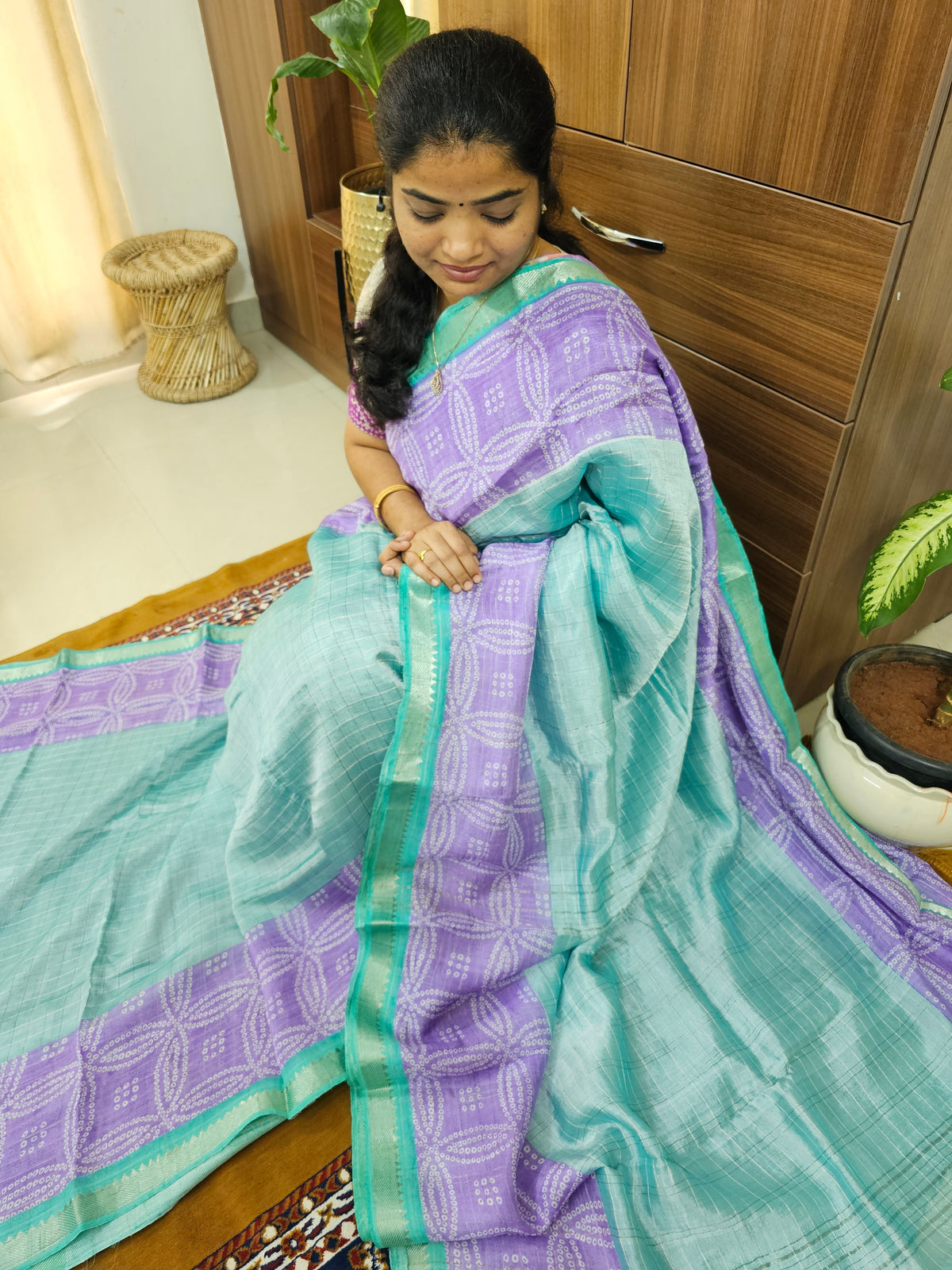Handwoven Mangalagiri Pattu Saree with Bandhini Digital Prints  - Blue with Purple