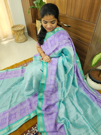 Handwoven Mangalagiri Pattu Saree with Bandhini Digital Prints  - Blue with Purple