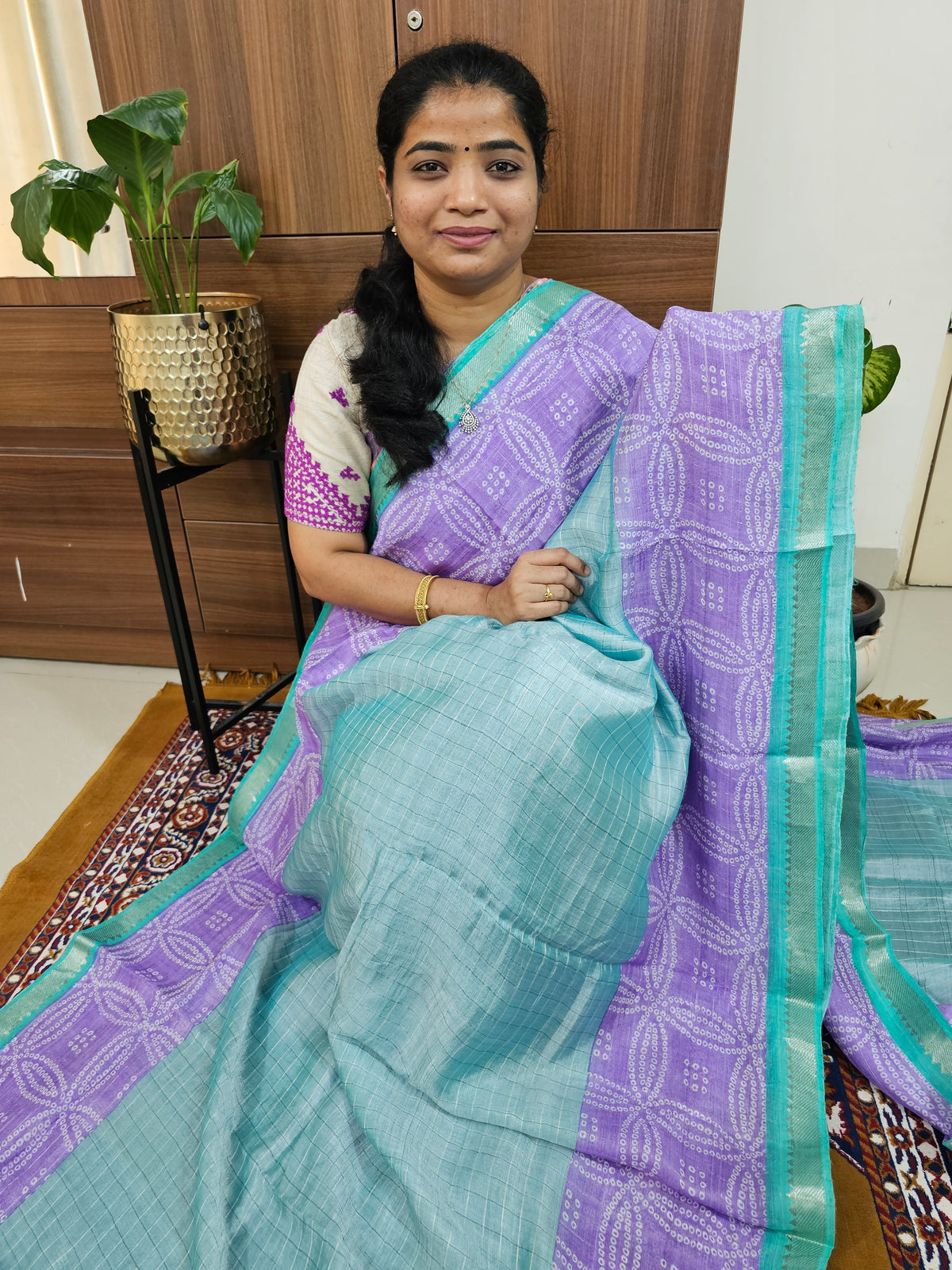 Handwoven Mangalagiri Pattu Saree with Bandhini Digital Prints  - Blue with Purple