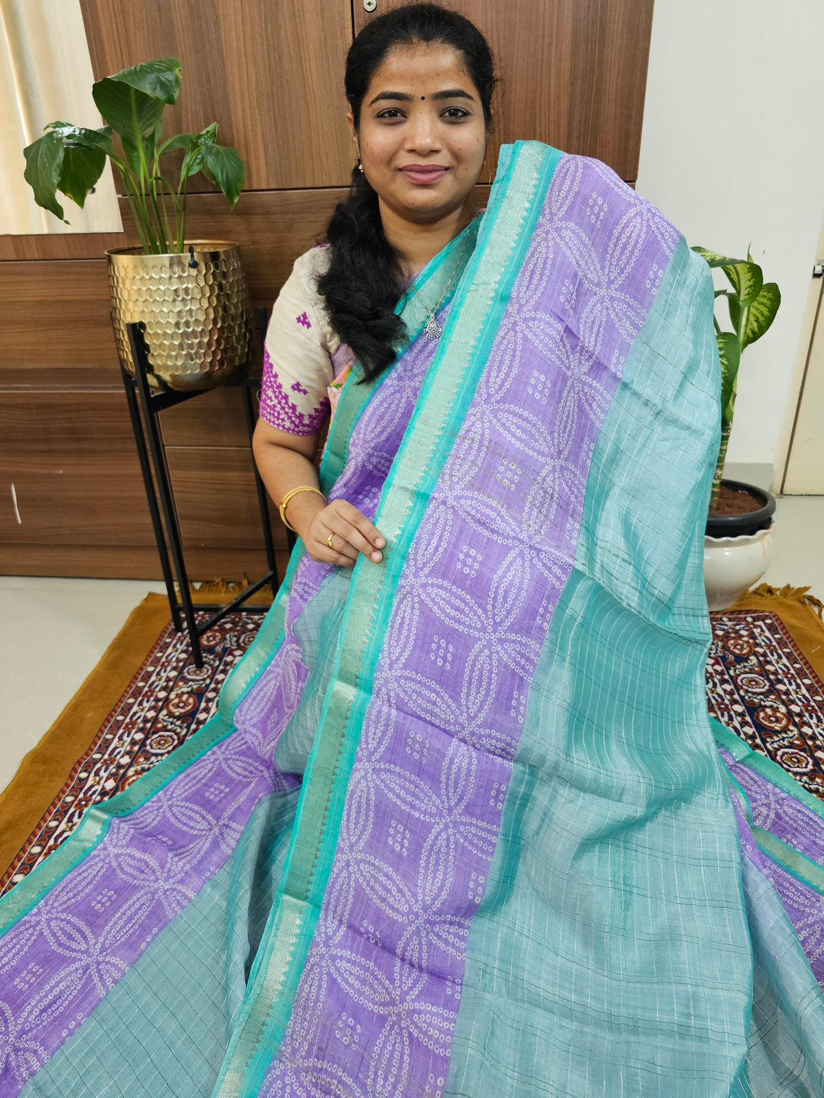 Handwoven Mangalagiri Pattu Saree with Bandhini Digital Prints  - Blue with Purple