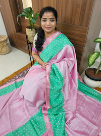 Handwoven Mangalagiri Pattu Saree with Bandhini Digital Prints  - Pink with Green