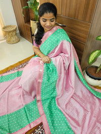 Handwoven Mangalagiri Pattu Saree with Bandhini Digital Prints  - Pink with Green