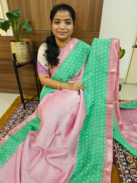 Handwoven Mangalagiri Pattu Saree with Bandhini Digital Prints  - Pink with Green