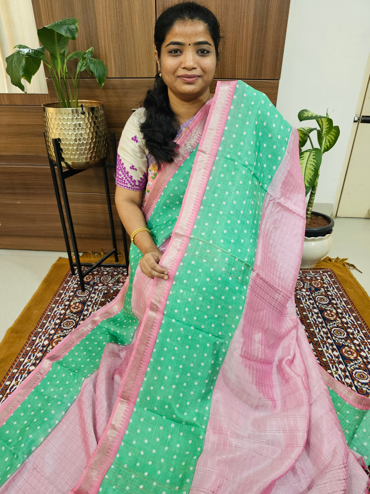 Handwoven Mangalagiri Pattu Saree with Bandhini Digital Prints  - Pink with Green