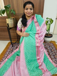 Handwoven Mangalagiri Pattu Saree with Bandhini Digital Prints  - Pink with Green