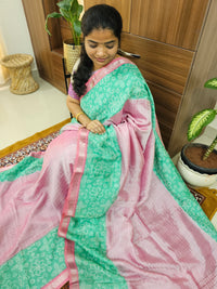 Handwoven Mangalagiri Pattu Saree with Bandhini Digital Prints  - Pink with Green