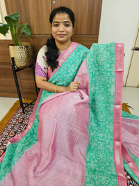 Handwoven Mangalagiri Pattu Saree with Bandhini Digital Prints  - Pink with Green