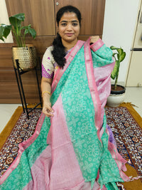 Handwoven Mangalagiri Pattu Saree with Bandhini Digital Prints  - Pink with Green