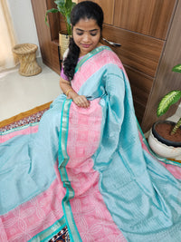 Handwoven Mangalagiri Pattu Saree with Bandhini Digital Prints  - Blue with Pink
