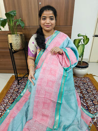Handwoven Mangalagiri Pattu Saree with Bandhini Digital Prints  - Blue with Pink