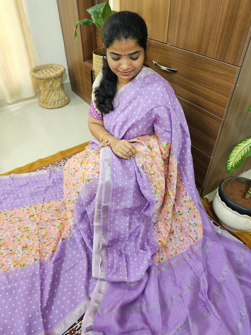Handwoven Mangalagiri Pattu Saree with Digital Prints  - Lavender with Peach