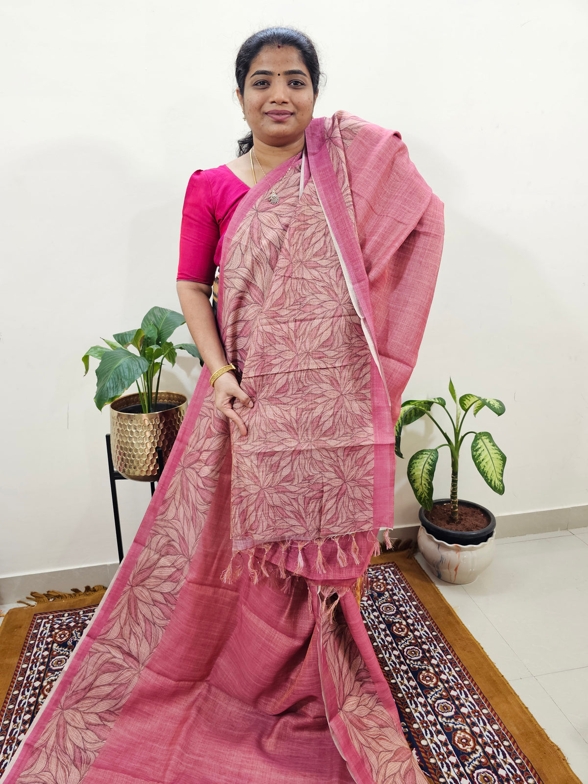 Linen Tissue with Digital Printed Sarees - Pink