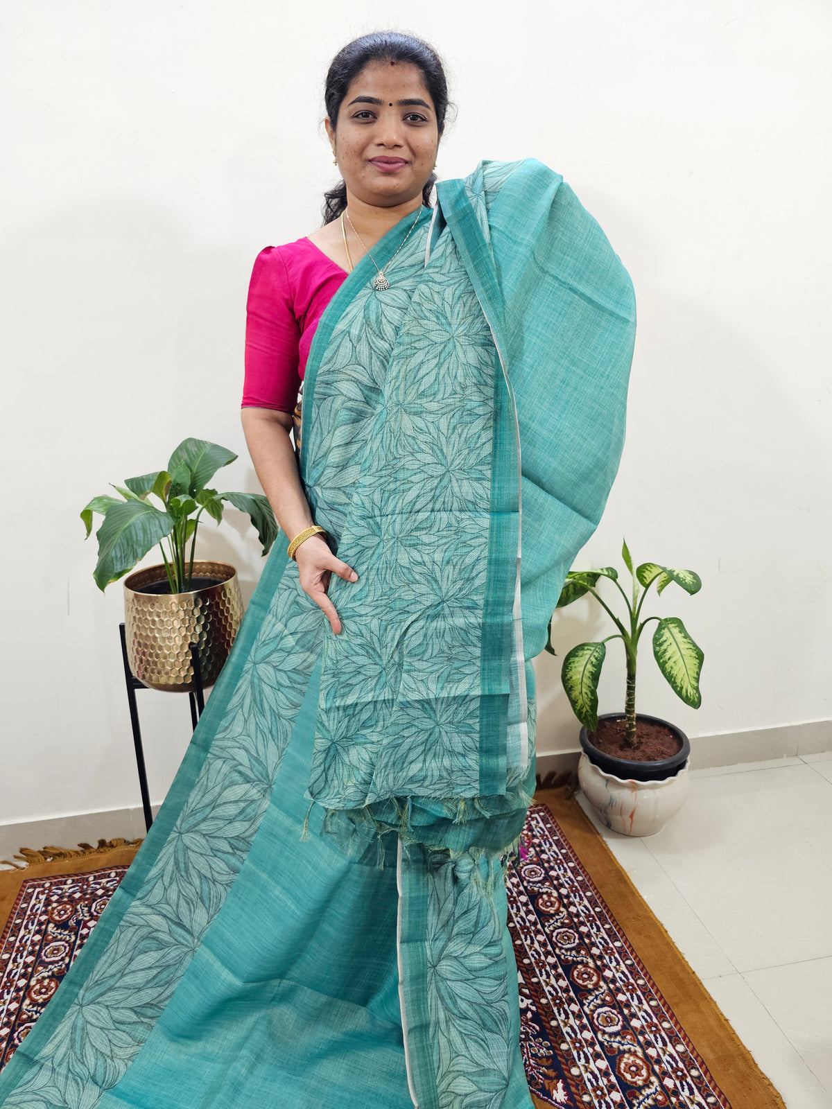 Linen Tissue with Digital Printed Sarees - Sea Green