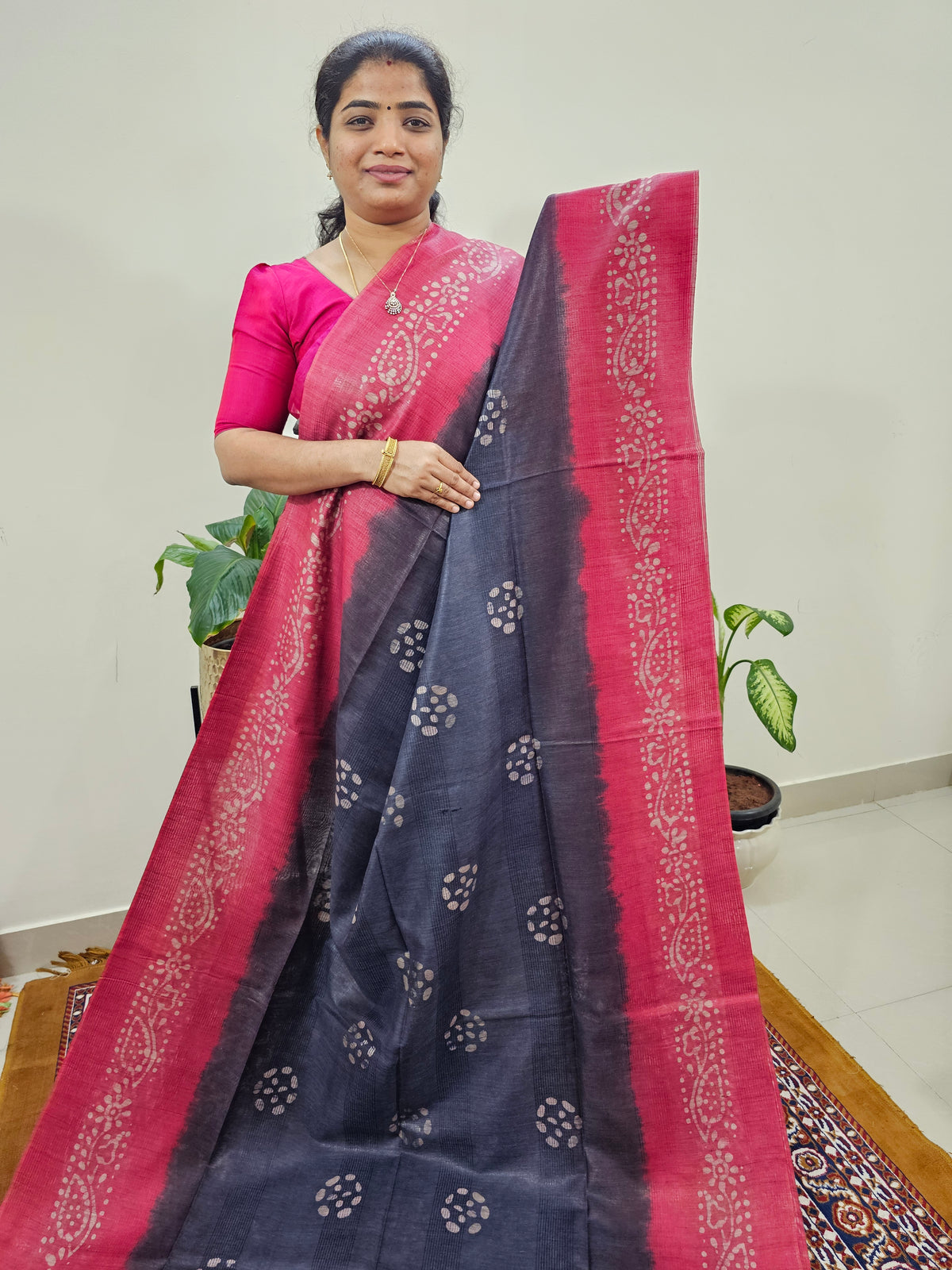 Bhagalpuri Zari Weaving with Batik Print - Blue with Pink